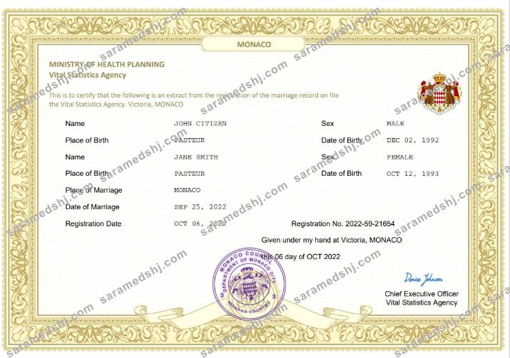 Monaco marriage certificate Word and PDF template